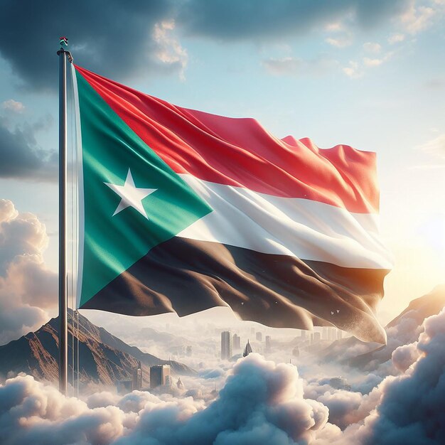 Photo realistic sudan on flag pole waving in the wind against white clouds