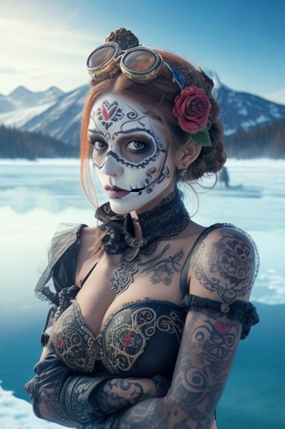 Realistic sugar skull steampunk woman with tattoo sleeves in front of a frozen lake