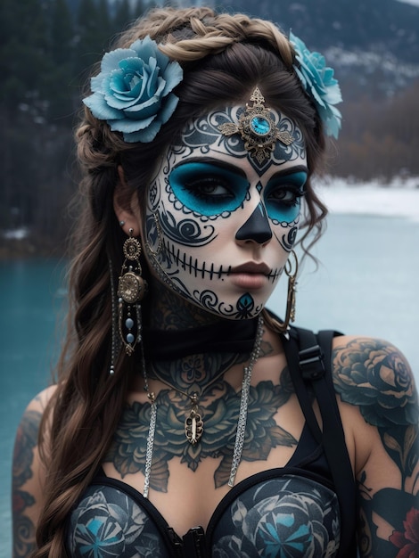 Реалистичная женщина в стиле стимпанк с сахарным черепом и татуировками на рукавах в черном топе