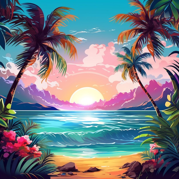 Realistic summer background vibrant tropical theme with ocean view and palm trees