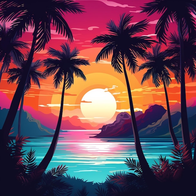 realistic summer background vibrant tropical theme with ocean view and palm trees