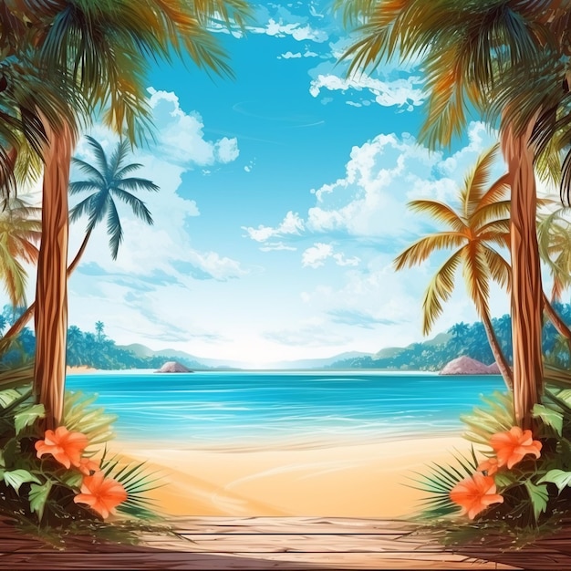 realistic summer background vibrant tropical theme with ocean view and palm trees
