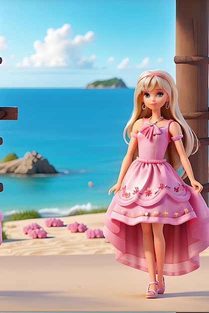 Реалистичная летняя Барби с коротким платьем и женской сумкой с видом на море 8k
