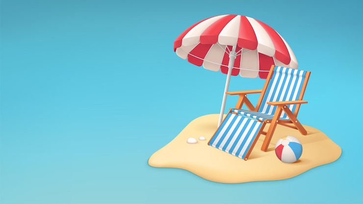 फोटो realistic summer vacation or travel concept with beach chair umbrella and ball tropical sand beach