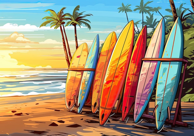 서핑 보드 그림 을 가진 현실적 인 여름 벽지