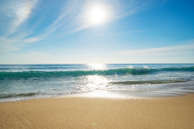 リアルな太陽の自然の眺め夏の晴れた日海の上の美しい太陽の光のフレアと海の海の地平線晴れた夏の背景。