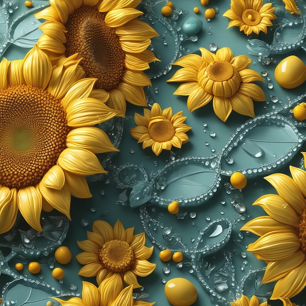 Realistic sunflower set with light particles water drops