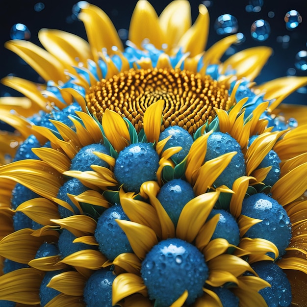 Realistic sunflower set with light particles water drops