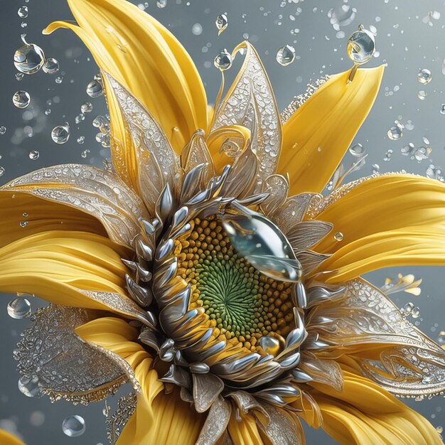 Realistic sunflower set with light particles water drops