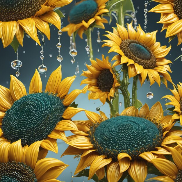 Realistic sunflower set with light particles water drops