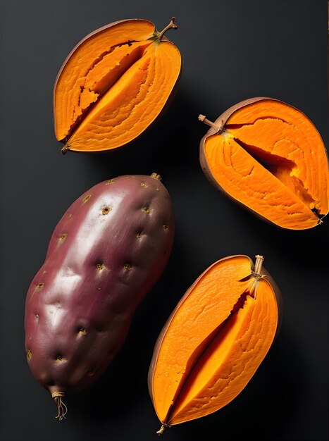 Realistic sweet potatoes showcased against a striking black background with a precise and clear focus Generative AI Generated