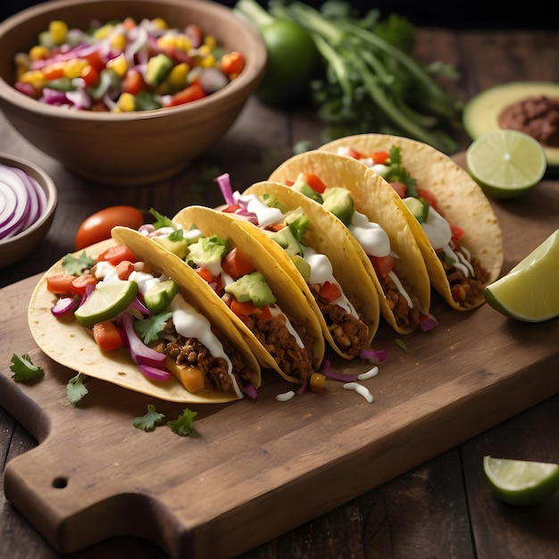 Realistic tacos on wood cutting board close up