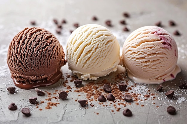 Realistic tasty with possible chocolate vanilla creamy and glaze ice cream scoops of different