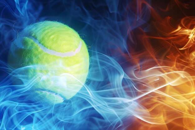 Photo realistic tennis ball over a creative 3d rendered smoke and shapes background