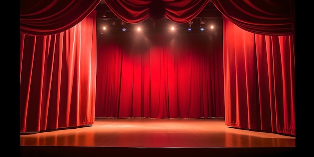 Realistic theater red dramatic curtains spotlight on stage theatrical classic drapery template illustration Stage with red curtains