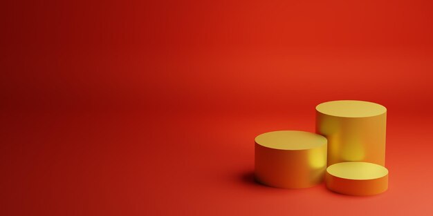 Realistic three golden blank product step podium scene isolated on red background 3d.