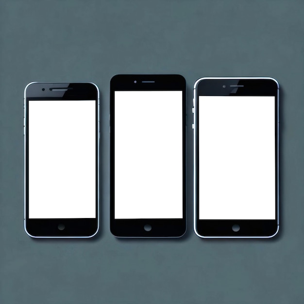 Realistic three smartphone devices blank screen mockup on red background Mobile phone template Space for text Generative Ai