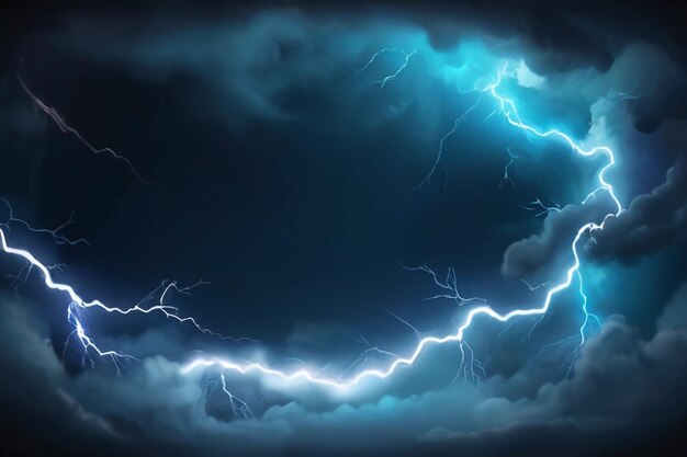 Photo realistic thunder light and blue smoke cloud bottom frame mysterious lightning glow border