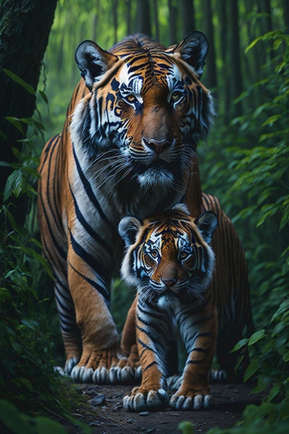 Realistic tiger and cub with natural forest background