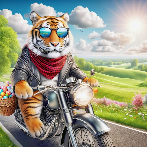 A realistic tiger on a motorbike with sunglasses a basket on the back full of colorful Carrying eggs