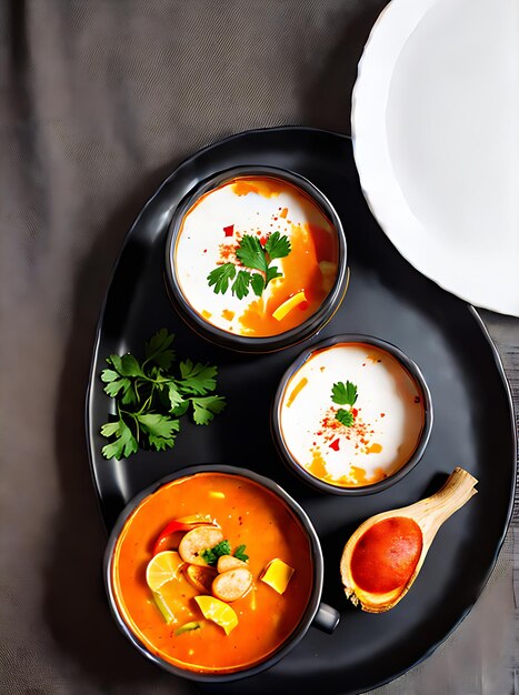 Реалистичный суп Том Ям создает уютную ресторанную атмосферу с теплым освещением и высокодетализированной нейтральной цветовой палитрой. Нет людей. Генеративный искусственный интеллект.