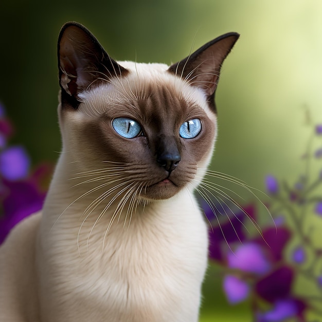 Realistic tonkinese cat on ravishing natural outdoor background