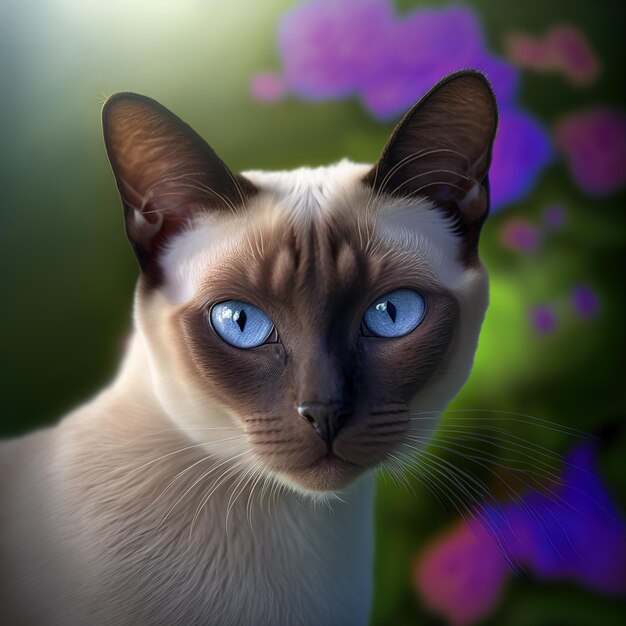 Realistic tonkinese cat on ravishing natural outdoor background