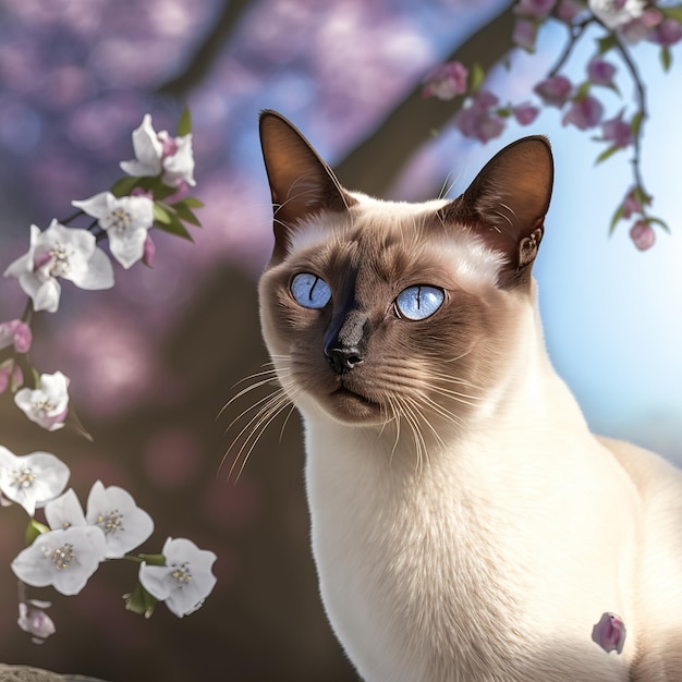 Realistic tonkinese cat on ravishing natural outdoor background