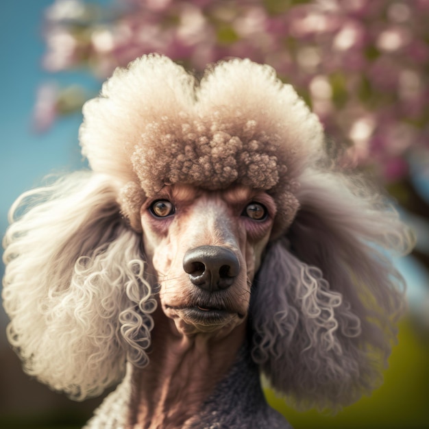 Realistic toy poodle on ravishing natural outdoor background