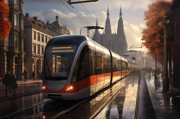 Realistic tram in the city Beautiful illustration picture Generative AI