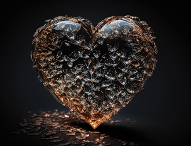Foto cristallo traslucido realistico a forma di cuore, zircone, pietra preziosa naturale, tecnologia di ia generativa, sfondo scuro