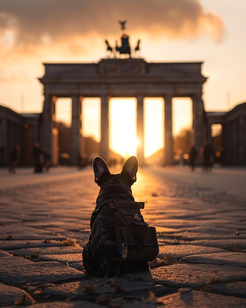 Realistic travel photo of a black French Bulldog with a small backpack in front of Brandenburg gate