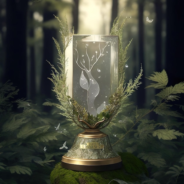 realistic trophy image nestled within a serene forest embellished with delicate leaves