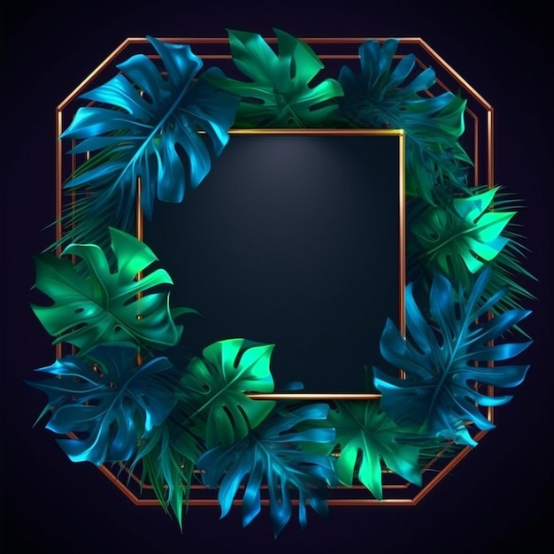 Realistic tropical leaves with neon frame