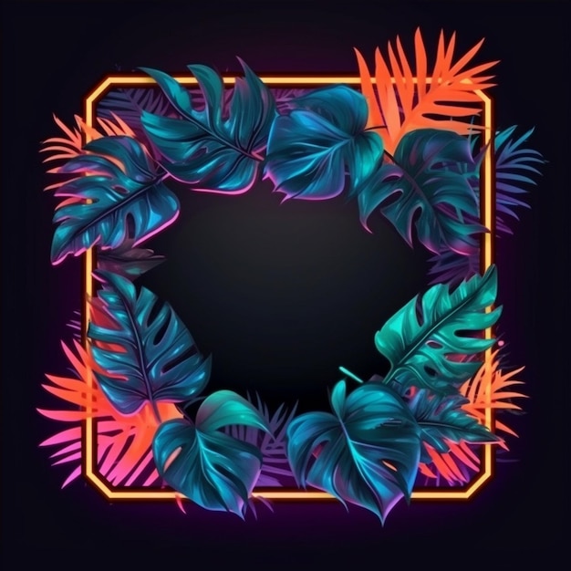 Realistic tropical leaves with neon frame