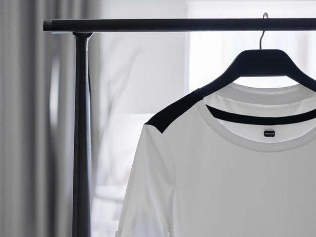 Foto mockup di tshirt realistico tshirt bianca e nera vuota sulla gruccia tshirt mockup design