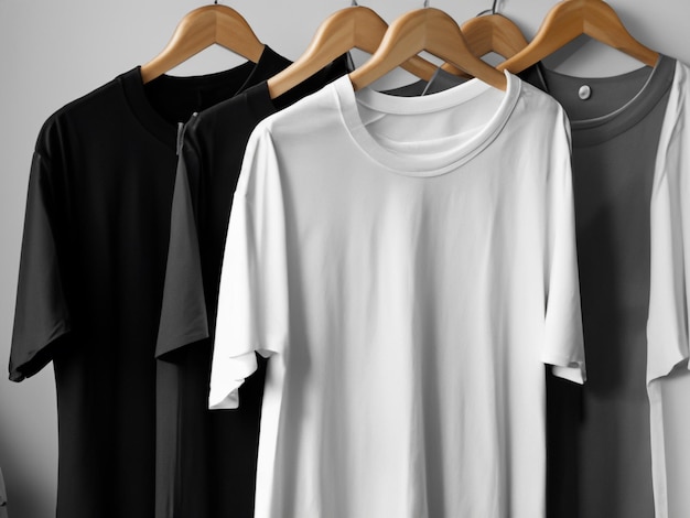 현실적인 티셔츠 모형 옷걸이에 빈 흑백 티셔츠 티셔츠 모형 디자인