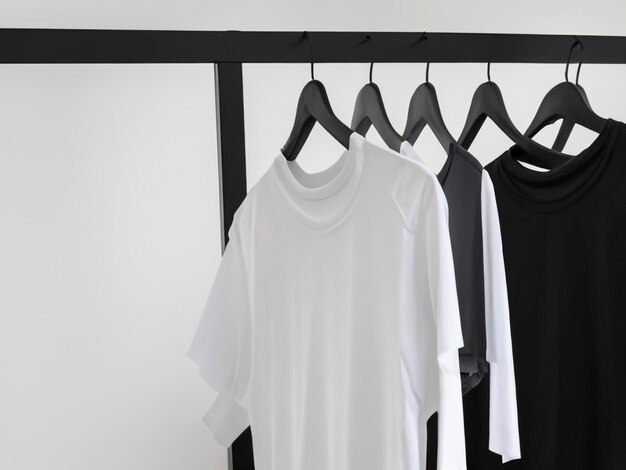 Реалистичный макет футболки Пустая черно-белая футболка на вешалке Дизайн макета футболки