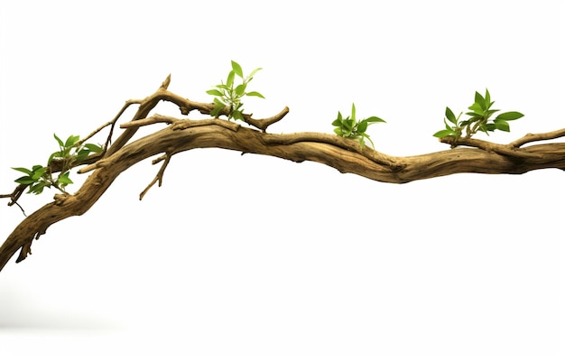 Realistic twisted jungle branch with plant growing on a white background