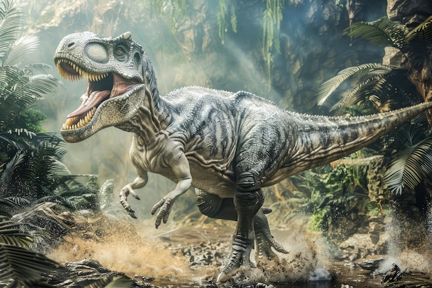 Realistic Tyrannosaurus Rex Roaming in a Prehistoric Jungle Environment with Mysterious Fog