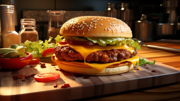 Фото Реалистический нереальный двигатель 5 бургер с беконом и сыром на тарелке