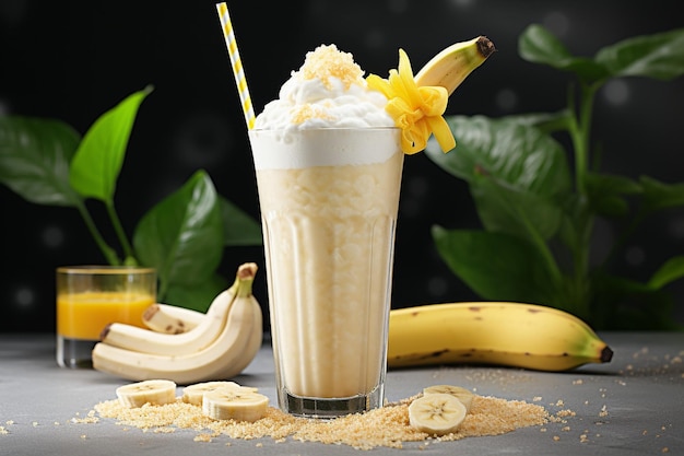 Photo realistic vanilla banana milkshake cocktail with cream and straw