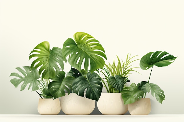 Photo realistic vector illustration of monstera and philodendron plants in pots