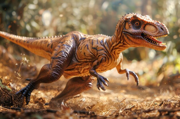 Photo realistic velociraptor dinosaur model prowling in a sunlit forest prehistoric wildlife concept