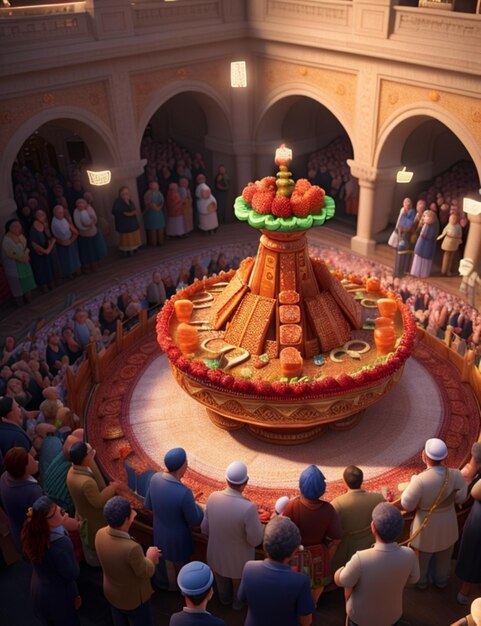 A realistic and vibrant 3Drendered image of a Rosh Hashanah celebration with a large crowd