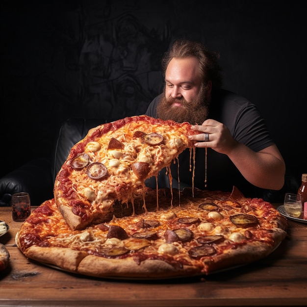 realistic view man eating giant pizza