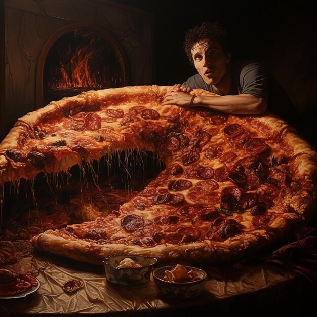 realistic view man eating giant pizza