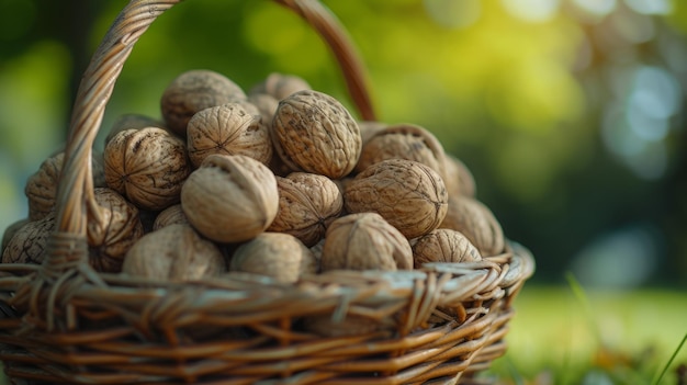 realistic walnuts in a basket from the loggia in nature