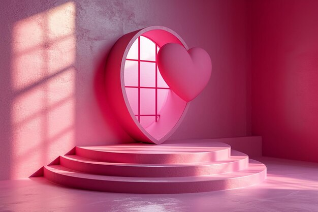 사진 현실적인 따뜻한 색의 3d 실린더 기단 포디움과 창문 심장 모양의 배경