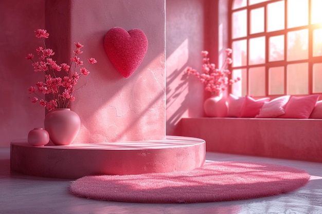 사진 현실적인 따뜻한 색의 3d 실린더 기단 포디움과 창문 심장 모양의 배경